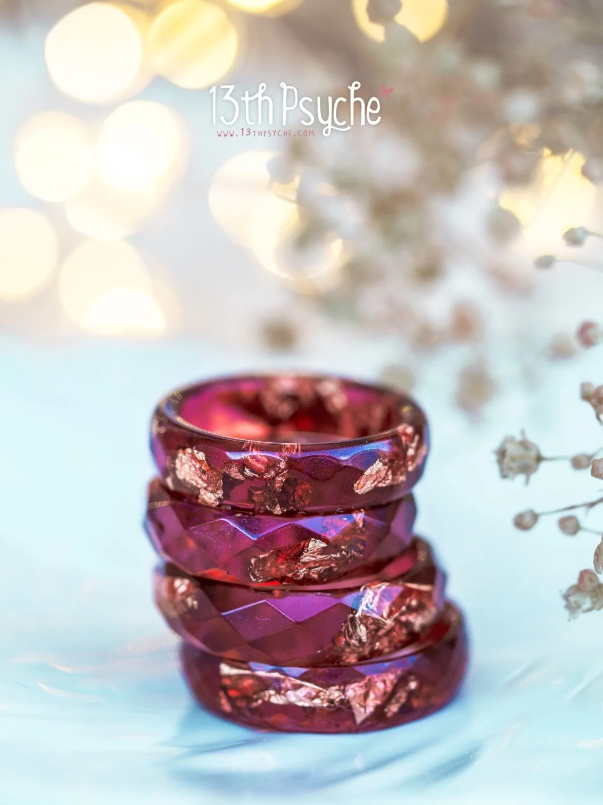 Plum and rose gold flakes faceted resin ring