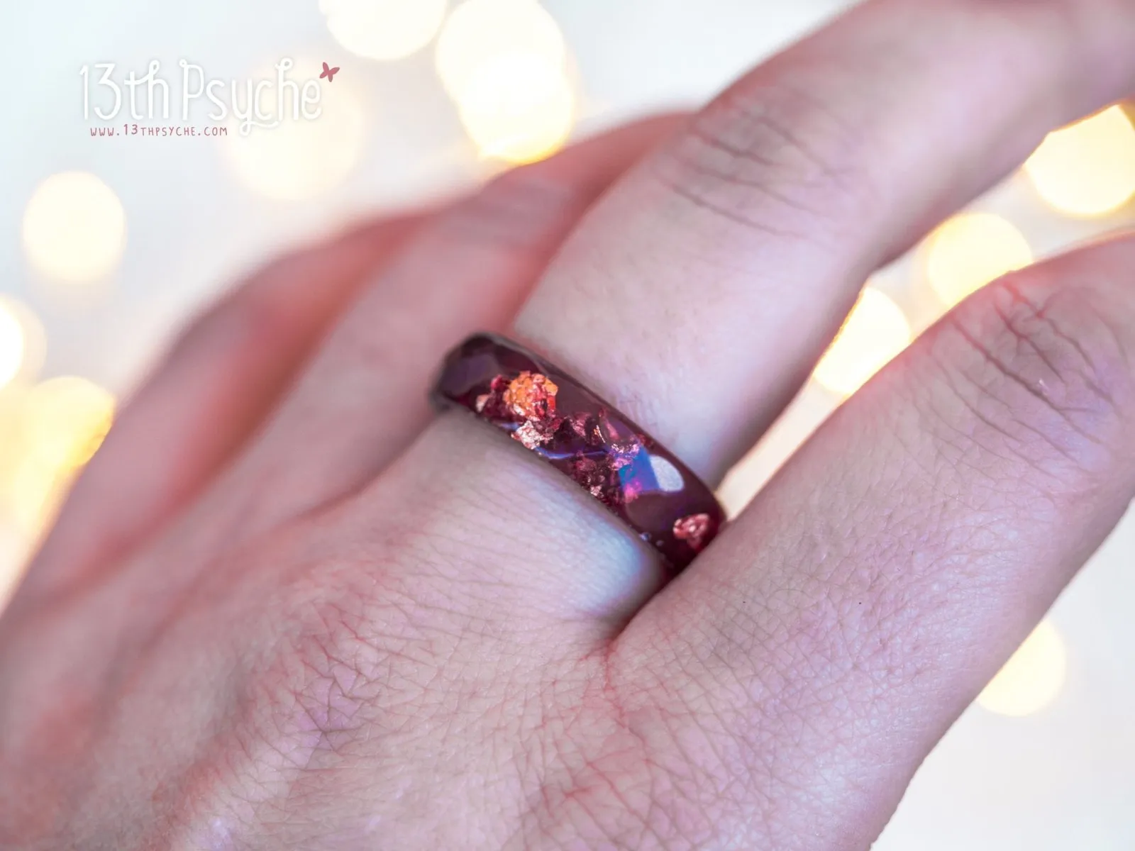 Plum and rose gold flakes faceted resin ring