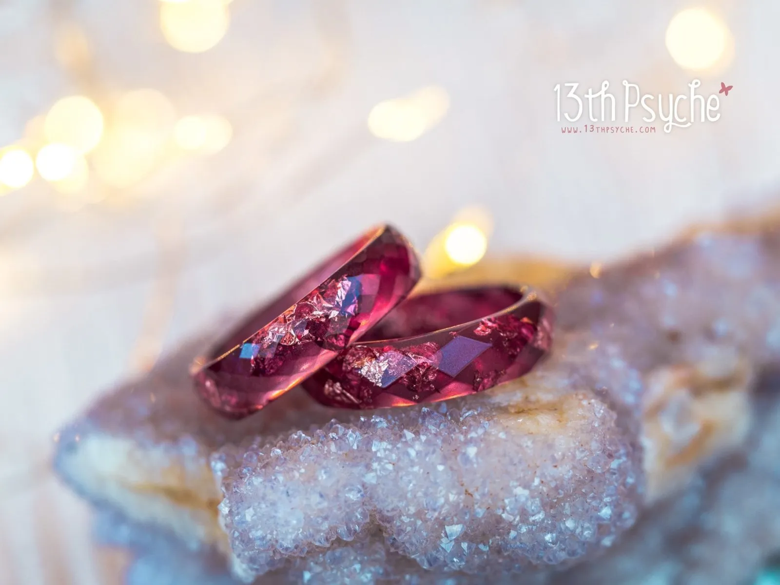 Plum and rose gold flakes faceted resin ring