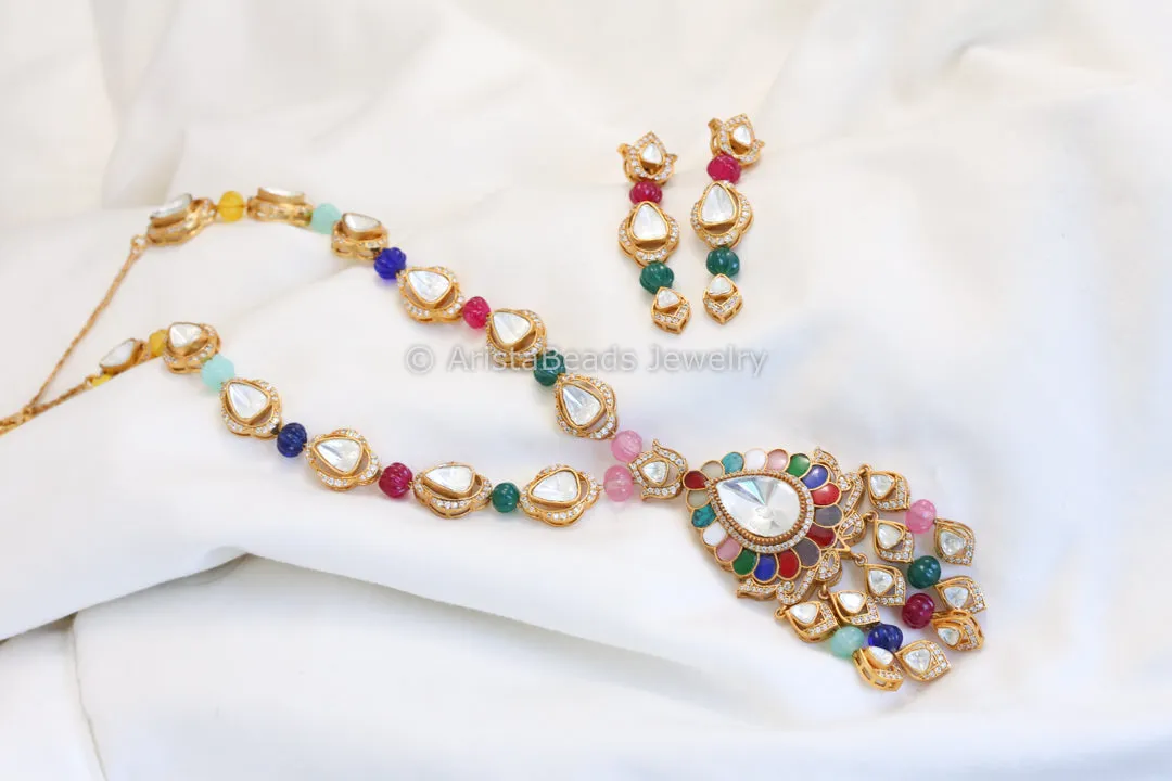 Premium Quality Navratan Polki Necklace Set