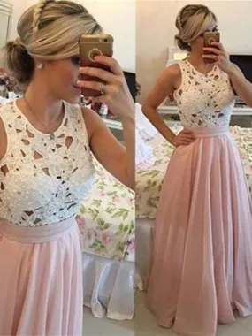 Pretty A-line Lace Pink Chiffon Skirt Jewel Neck Sleeveless Evening Party Prom Dresses,PD0073