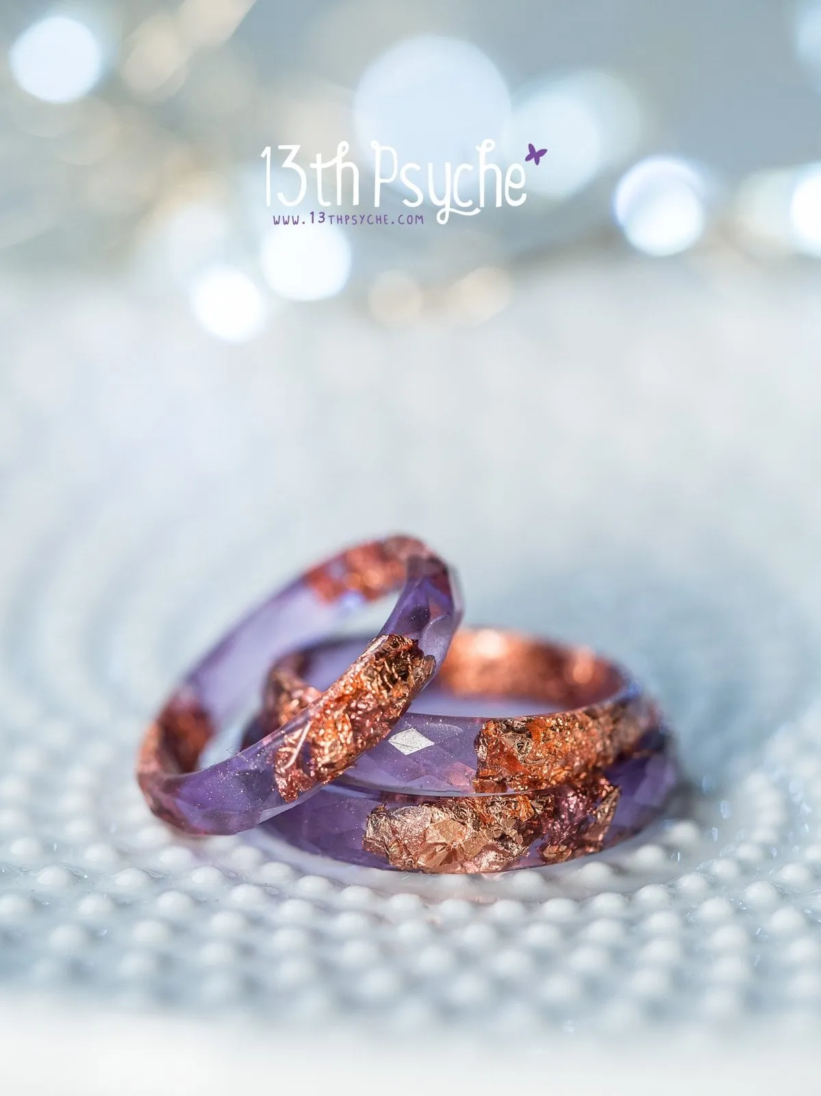 Purple and rose gold flakes faceted resin ring