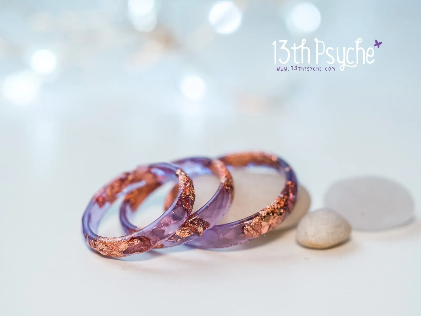 Purple and rose gold flakes faceted resin ring