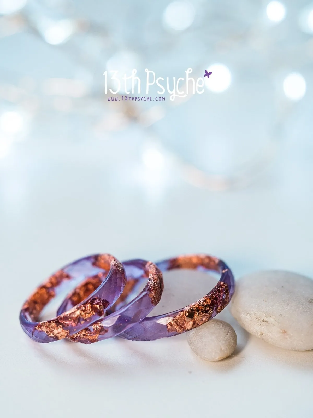 Purple and rose gold flakes faceted resin ring