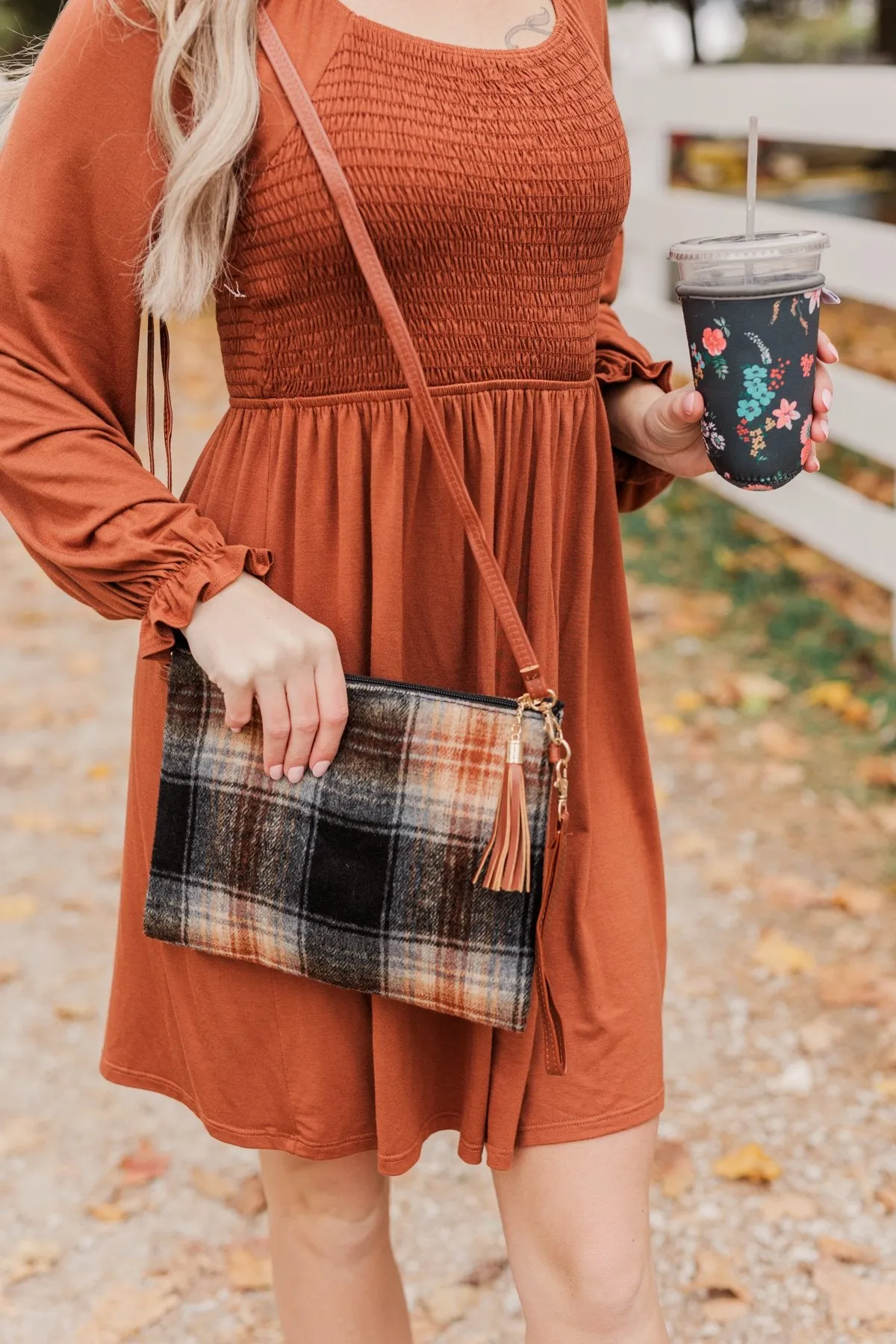 Ravishing Plaid Clutch- Black & Rust