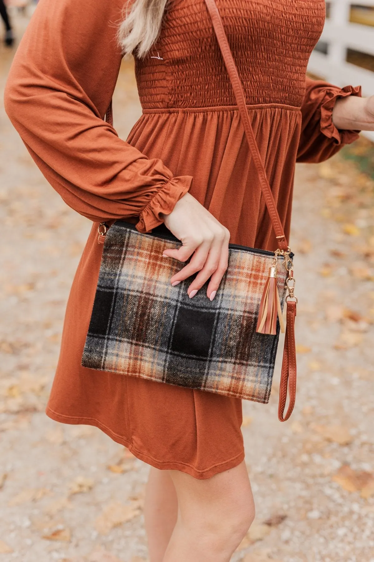 Ravishing Plaid Clutch- Black & Rust