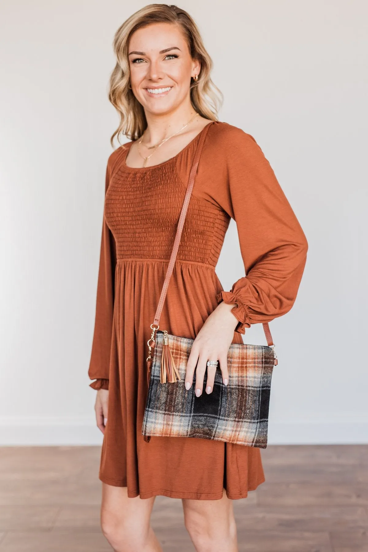 Ravishing Plaid Clutch- Black & Rust