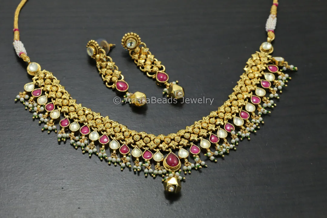 Real Gold Look Kundan Necklace Set