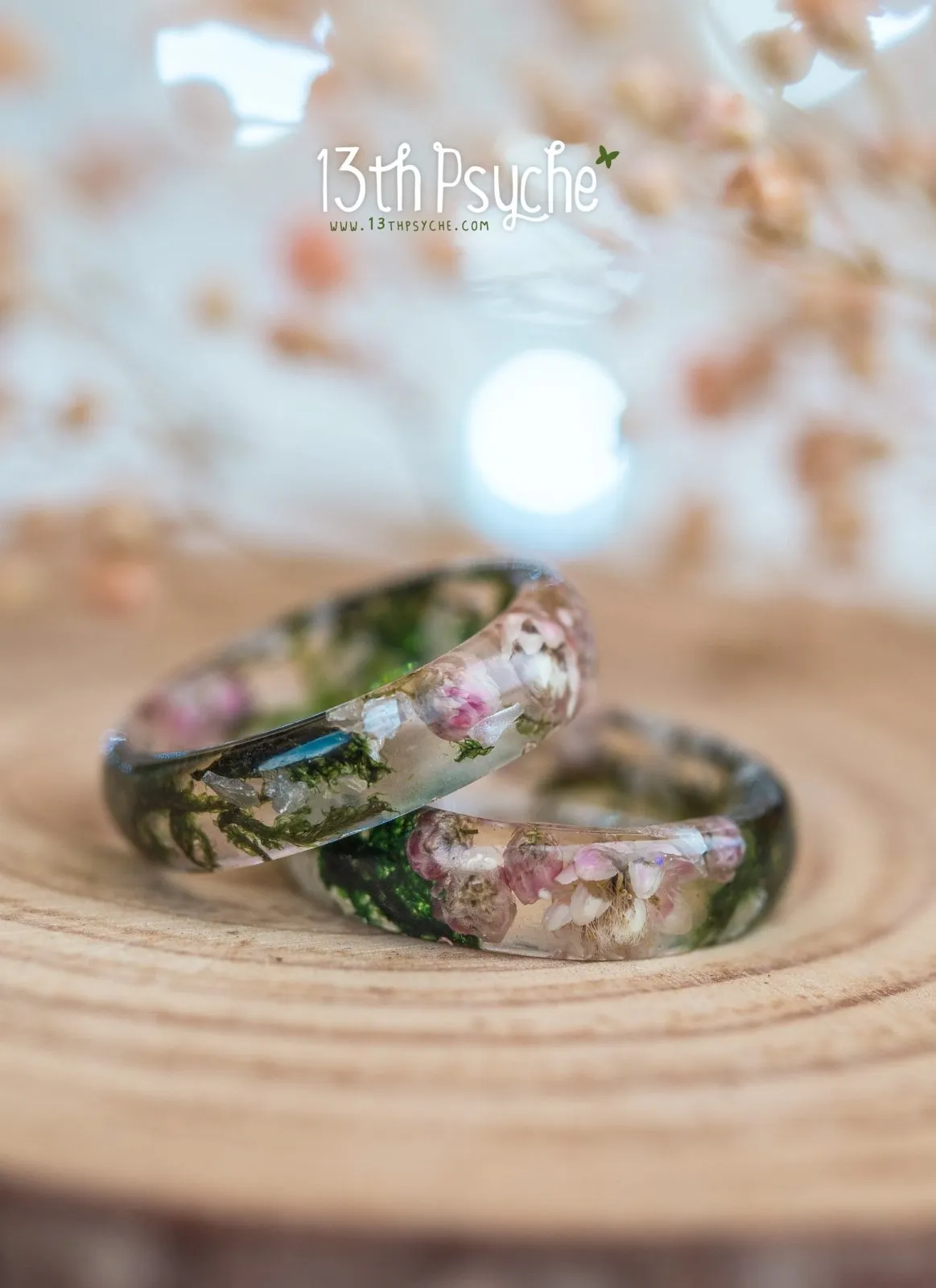 Real moss, Ozothamnus flowers and moonstone resin ring