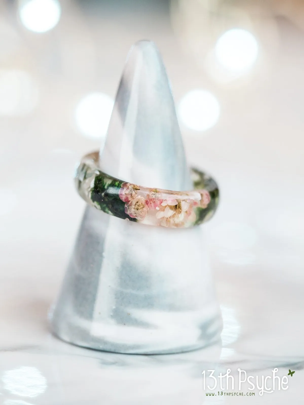 Real moss, Ozothamnus flowers and moonstone resin ring