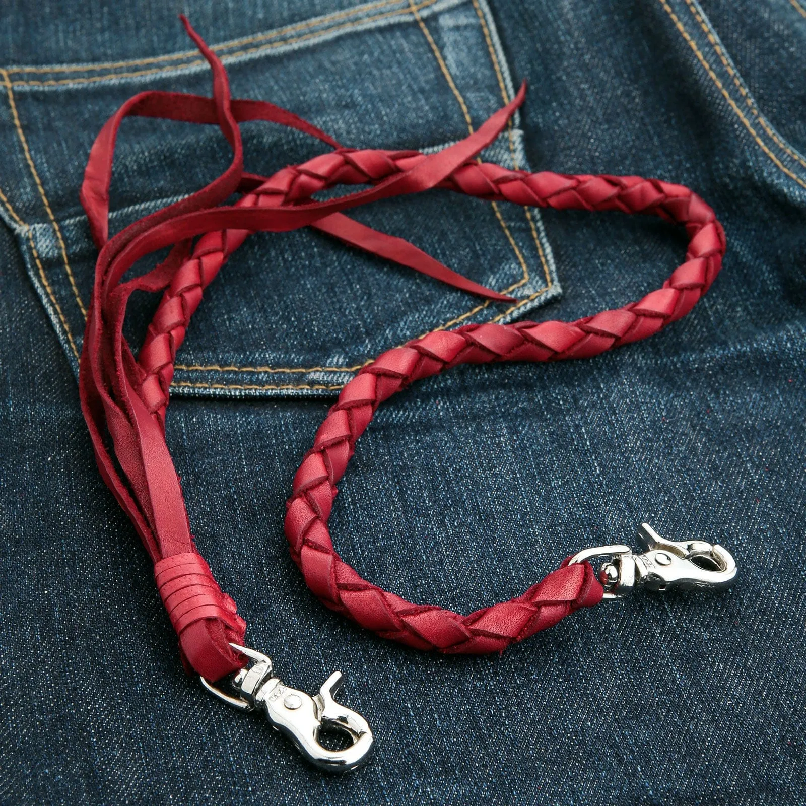 Red Burgundy Braided Genuine Leather Wallet Chain