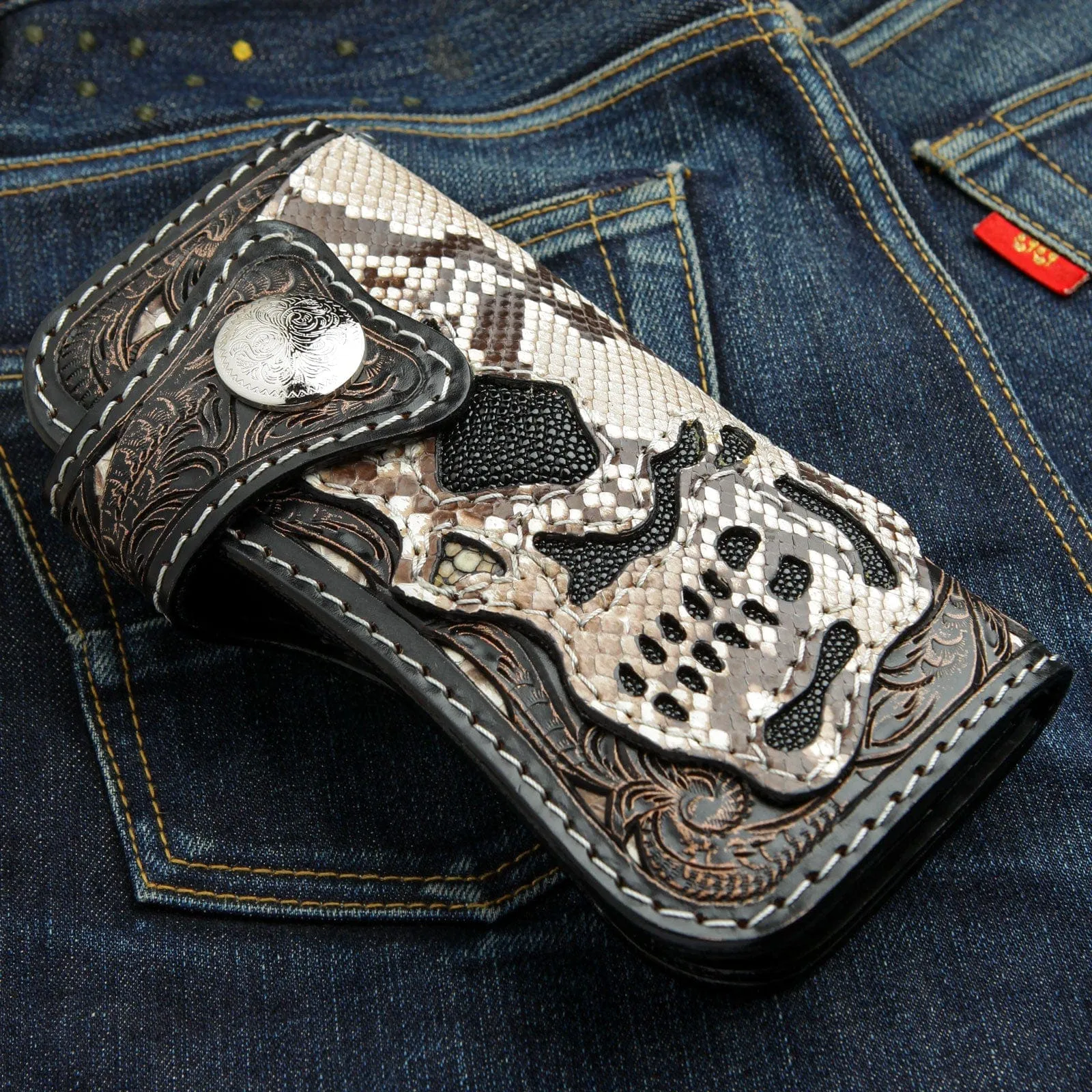 Rider Skull Genuine Cobra Leather Biker Wallet