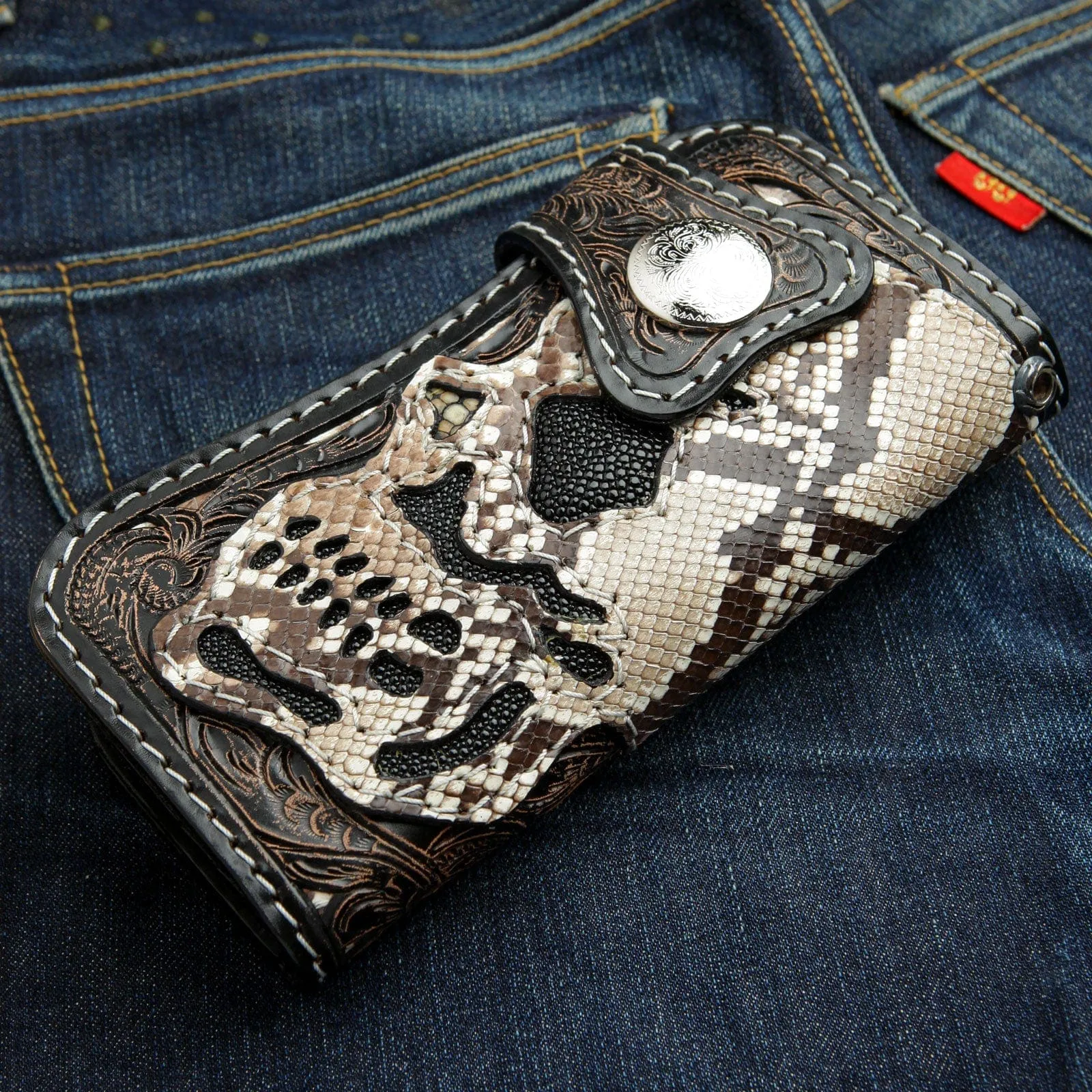 Rider Skull Genuine Cobra Leather Biker Wallet