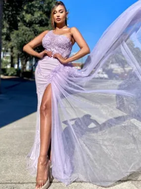 Sexy Backless Mermaid Lace Tulle Side Slit Formal Prom Dresses, PD0150