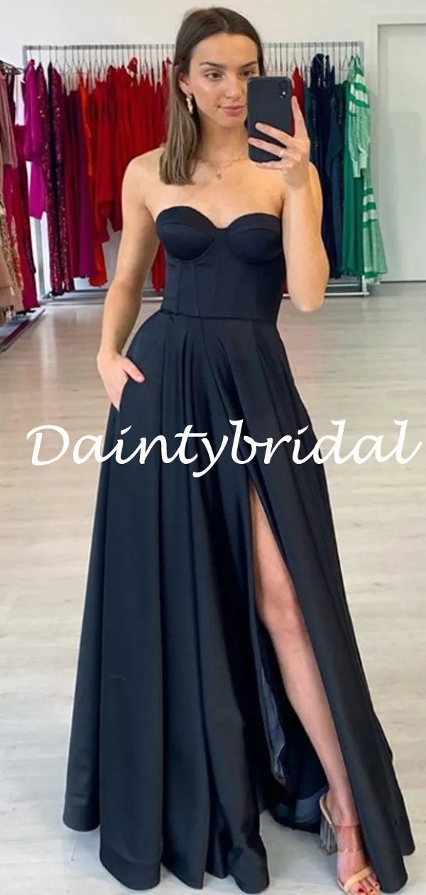 Sexy Black Sweetheart Side Slit A-line Satin Prom Dresses Evening Dresses.DB10791