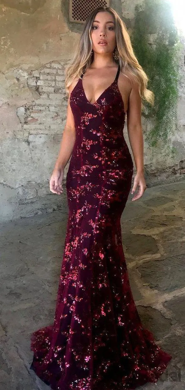 Sexy Deep V-Neck Backless Spaghtti Straps Lace Mermaid Long Evening Prom Dress.DB10012