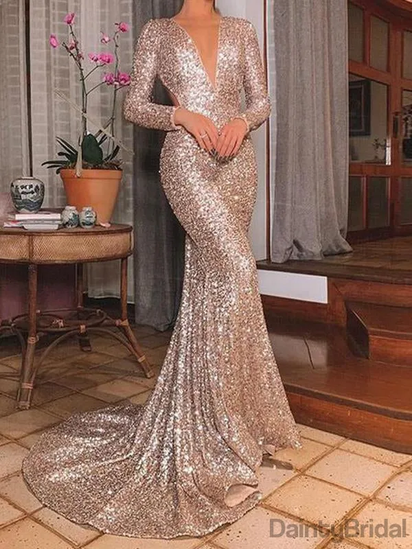 Sexy Deep V-Neck Sequin Open Back Mermaid Prom Dresses.DB10081