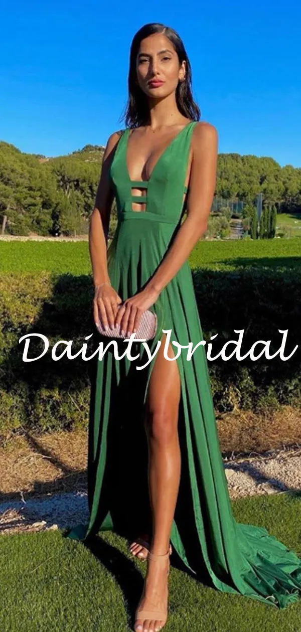 Sexy Deep V-neck Side Slit A-line Prom Dresses Evening Dresses.DB10790