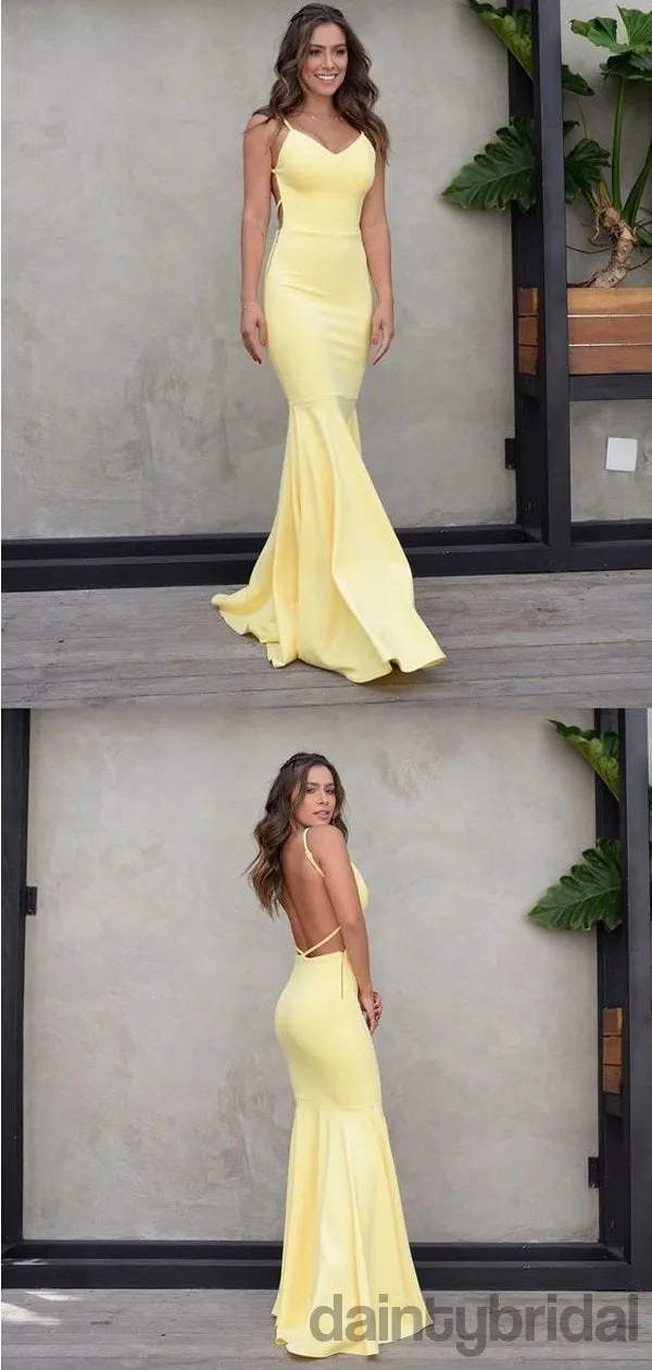 Sexy mermaid backless v-neck yellow jersey spaghetti straps prom dress.DB1005