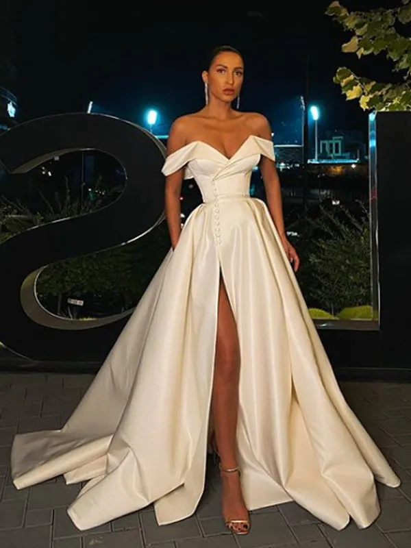 Sexy Off-shoulder Satin Satin Side Slit A-line Prom Dresses Evening Dresses.DB10796