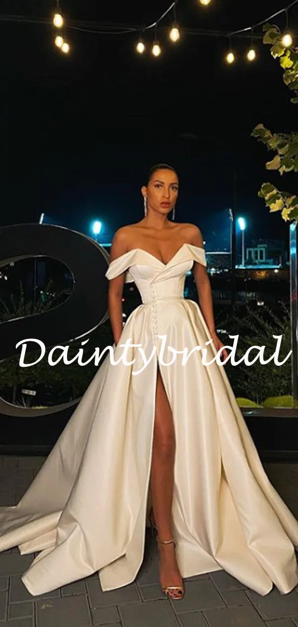 Sexy Off-shoulder Satin Satin Side Slit A-line Prom Dresses Evening Dresses.DB10796