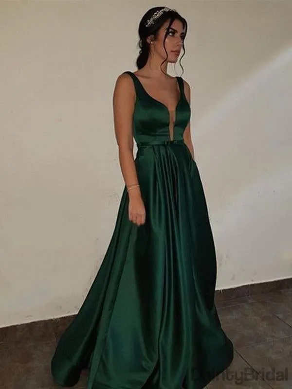 Sexy Satin V-neck A-Line Long Prom Dresses Backless Evening Dresses.DB10080