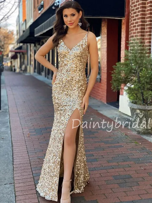 Sexy V-neck Mermaid Sequin Side Slit Long Prom Dresses Evening Dresses.DB10539