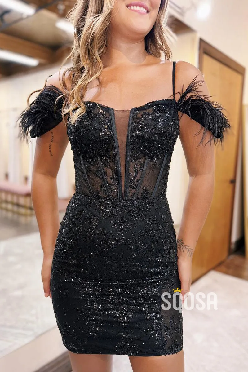 Sheath Off-Shoulder Feathers Appliques Lace-Up Party/Homecoming Dress QS2515