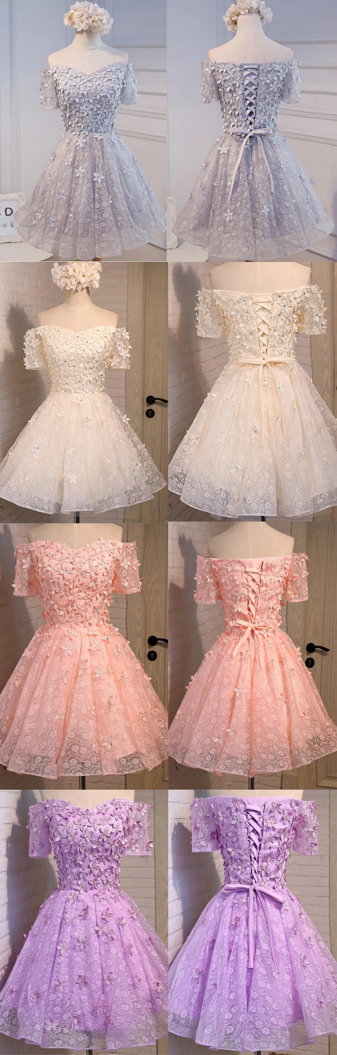 Short A-line Junior Cute Off Shoulder Full Lace Appliques Beads Sweetheart Lace Up Back Homecoming Dress,BD0125