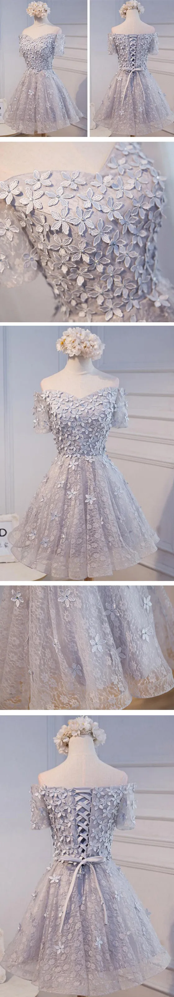 Short A-line Junior Cute Off Shoulder Full Lace Appliques Beads Sweetheart Lace Up Back Homecoming Dress,BD0125