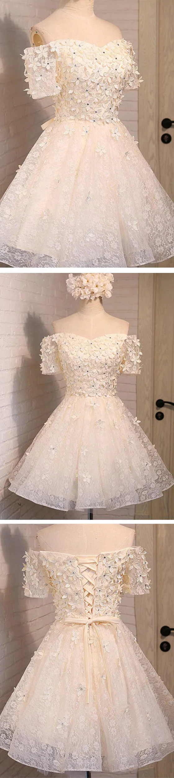 Short A-line Junior Cute Off Shoulder Full Lace Appliques Beads Sweetheart Lace Up Back Homecoming Dress,BD0125