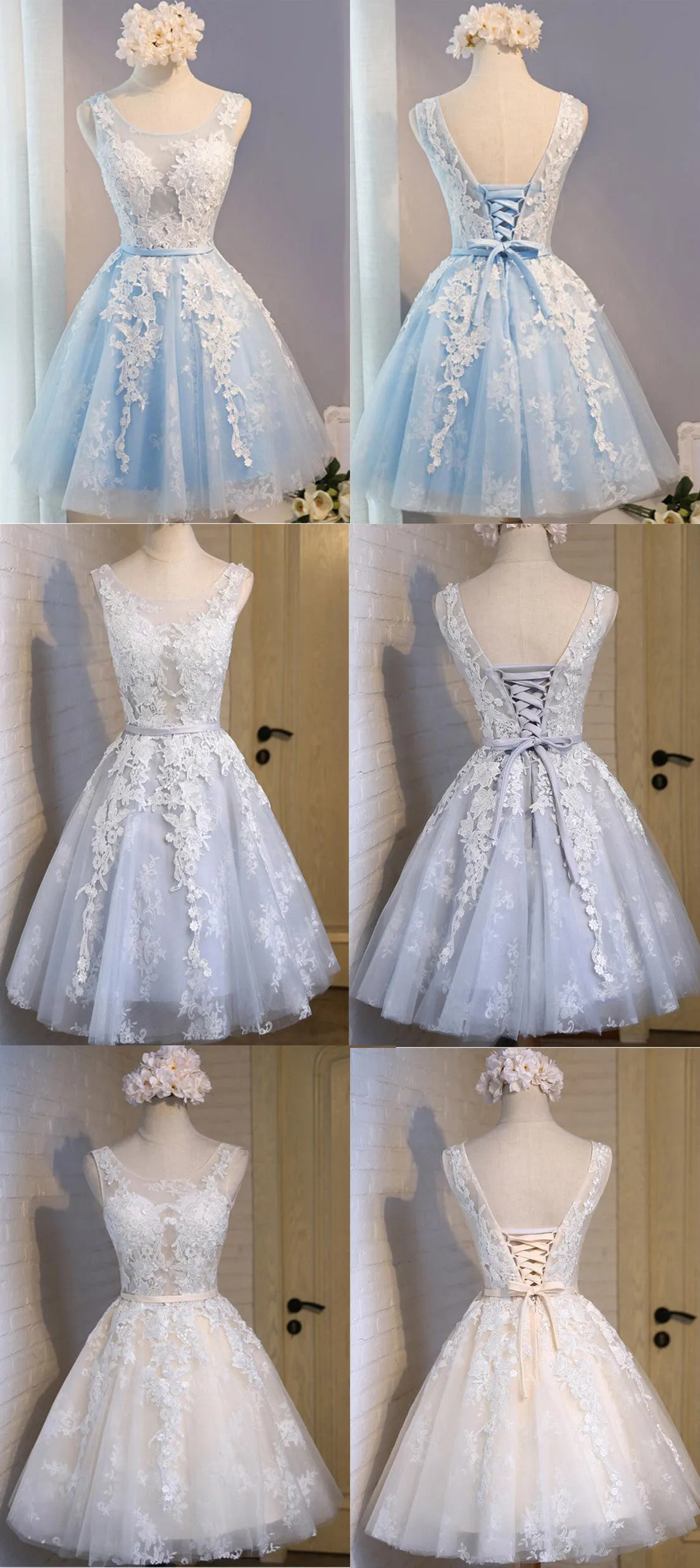 Short Blue Floral Prints Appliques Sleeveless Scoop Neckline Lace Up Back For Teen Lovely Homecoming Dress,BD0126