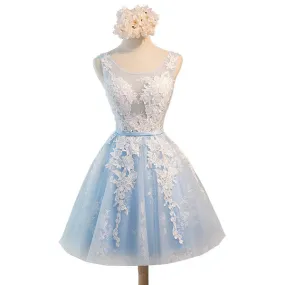 Short Blue Floral Prints Appliques Sleeveless Scoop Neckline Lace Up Back For Teen Lovely Homecoming Dress,BD0126