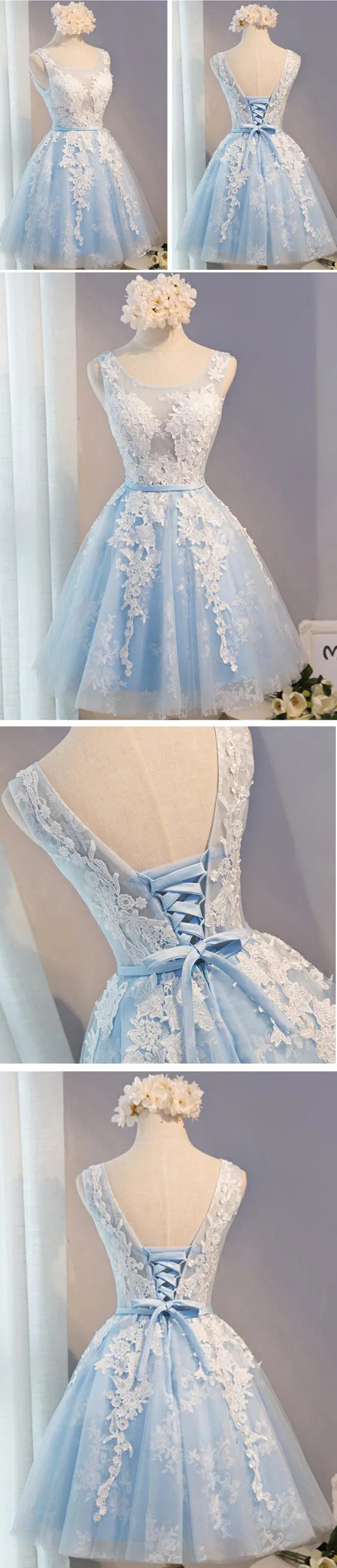 Short Blue Floral Prints Appliques Sleeveless Scoop Neckline Lace Up Back For Teen Lovely Homecoming Dress,BD0126