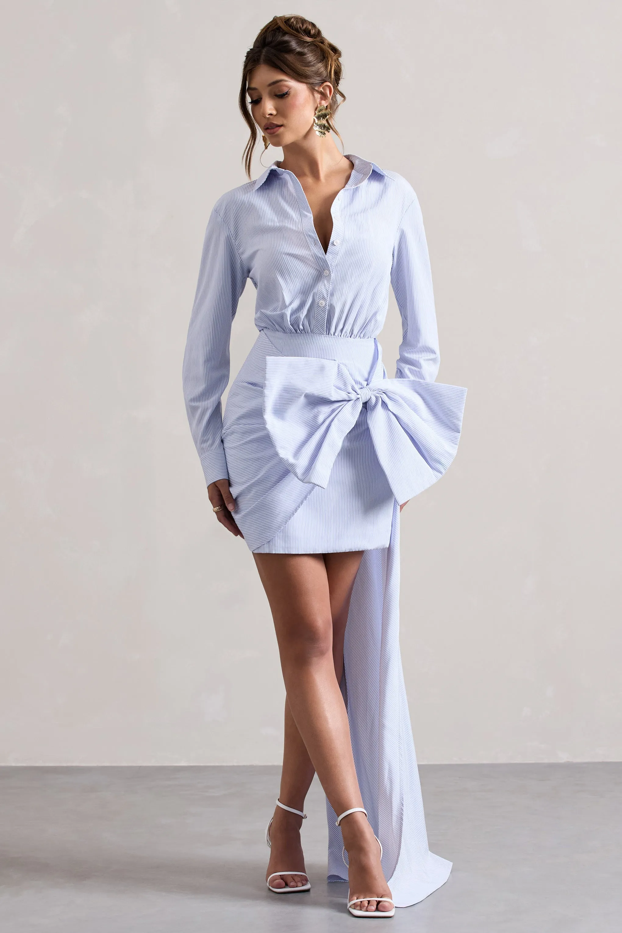 Sovereign | Blue Pinstripe Shirt Mini Dress With Oversized Bow