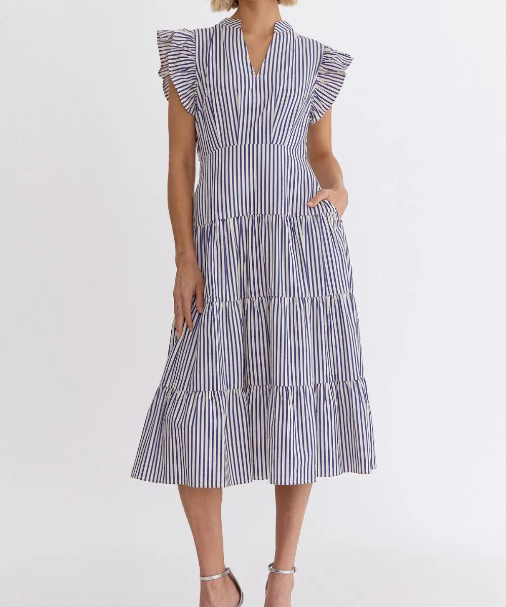 Stripe V-Neck Midi Dress - Blue - FINAL SALE