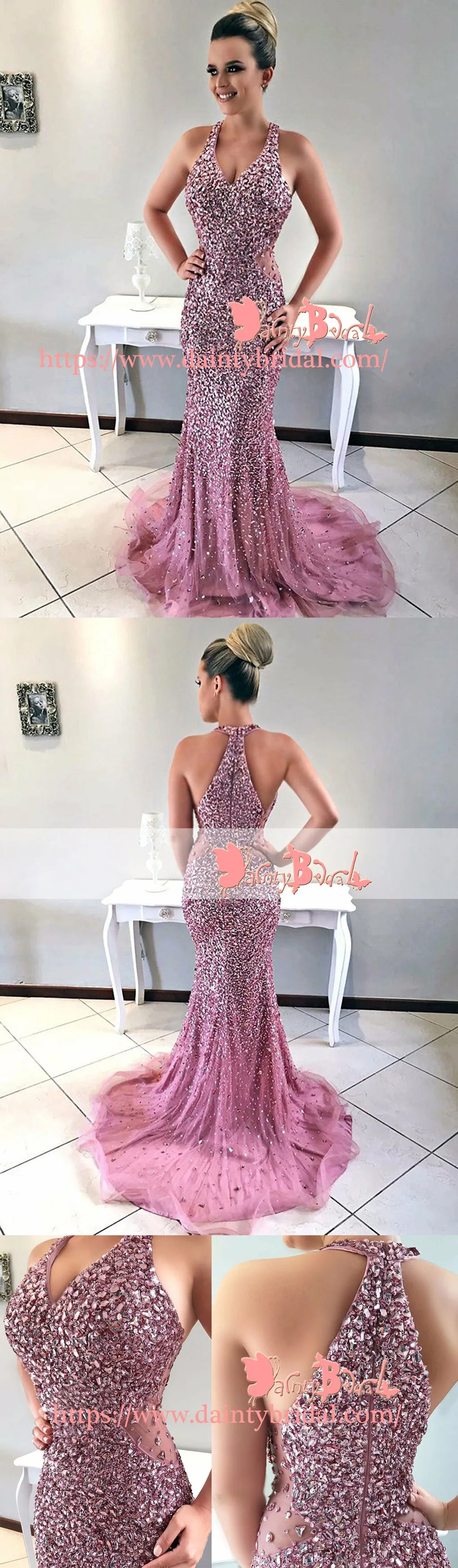 Stunning Sparkly Purple Rhinestone Sequins Sleeveless Mermaid For Teens Prom Dresses. DB1052