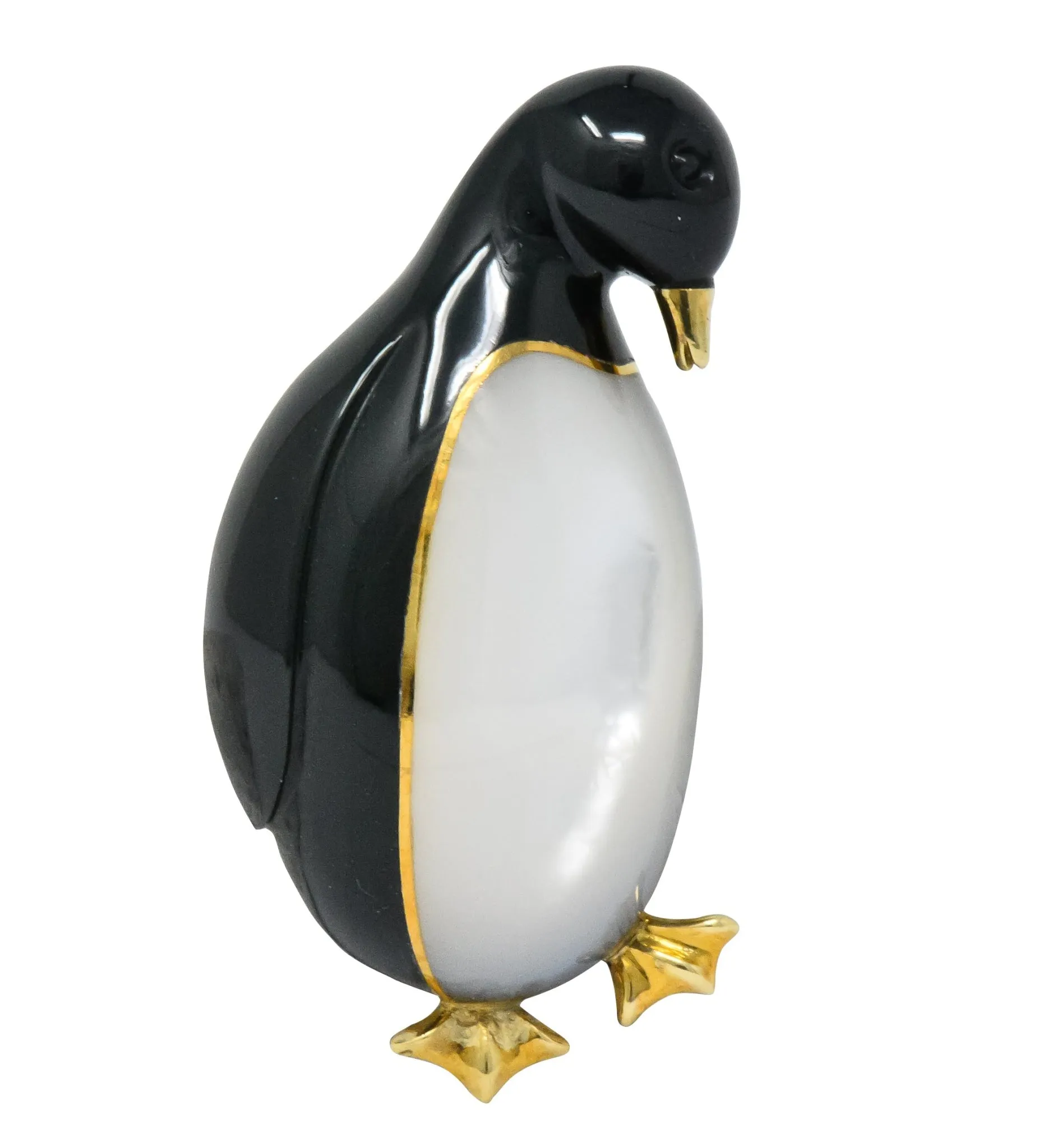 Tiffany & Co. 1970's Black Jade Mother-Of-Pearl 18 Karat Gold Penguin Brooch