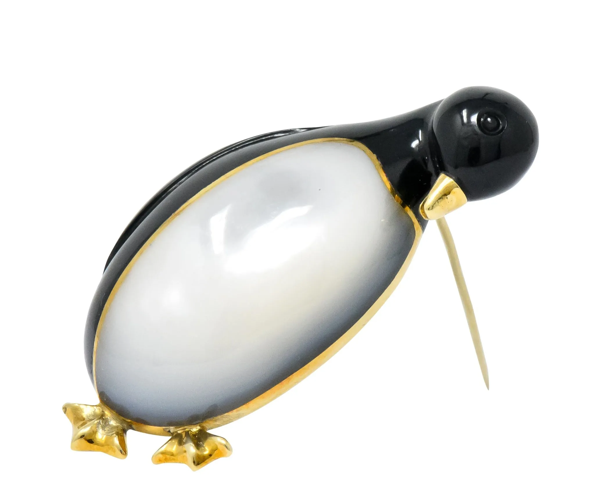 Tiffany & Co. 1970's Black Jade Mother-Of-Pearl 18 Karat Gold Penguin Brooch