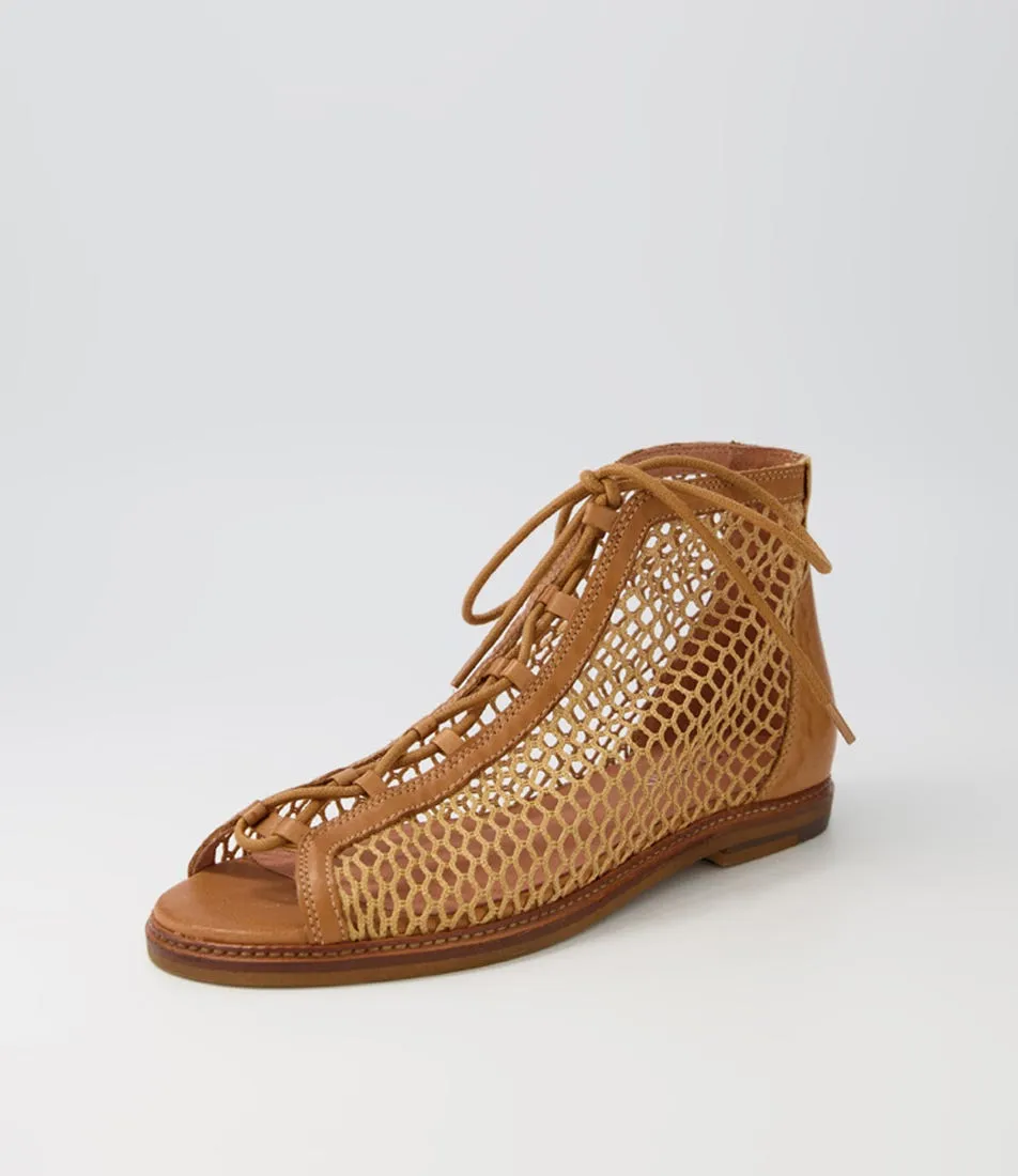 TOP END Nesha Dark Tan Leather Mesh Sandals