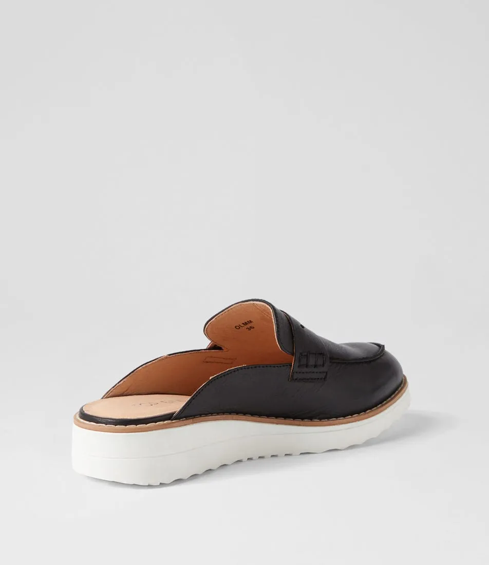TOP END Olmm Black White Leather Mules