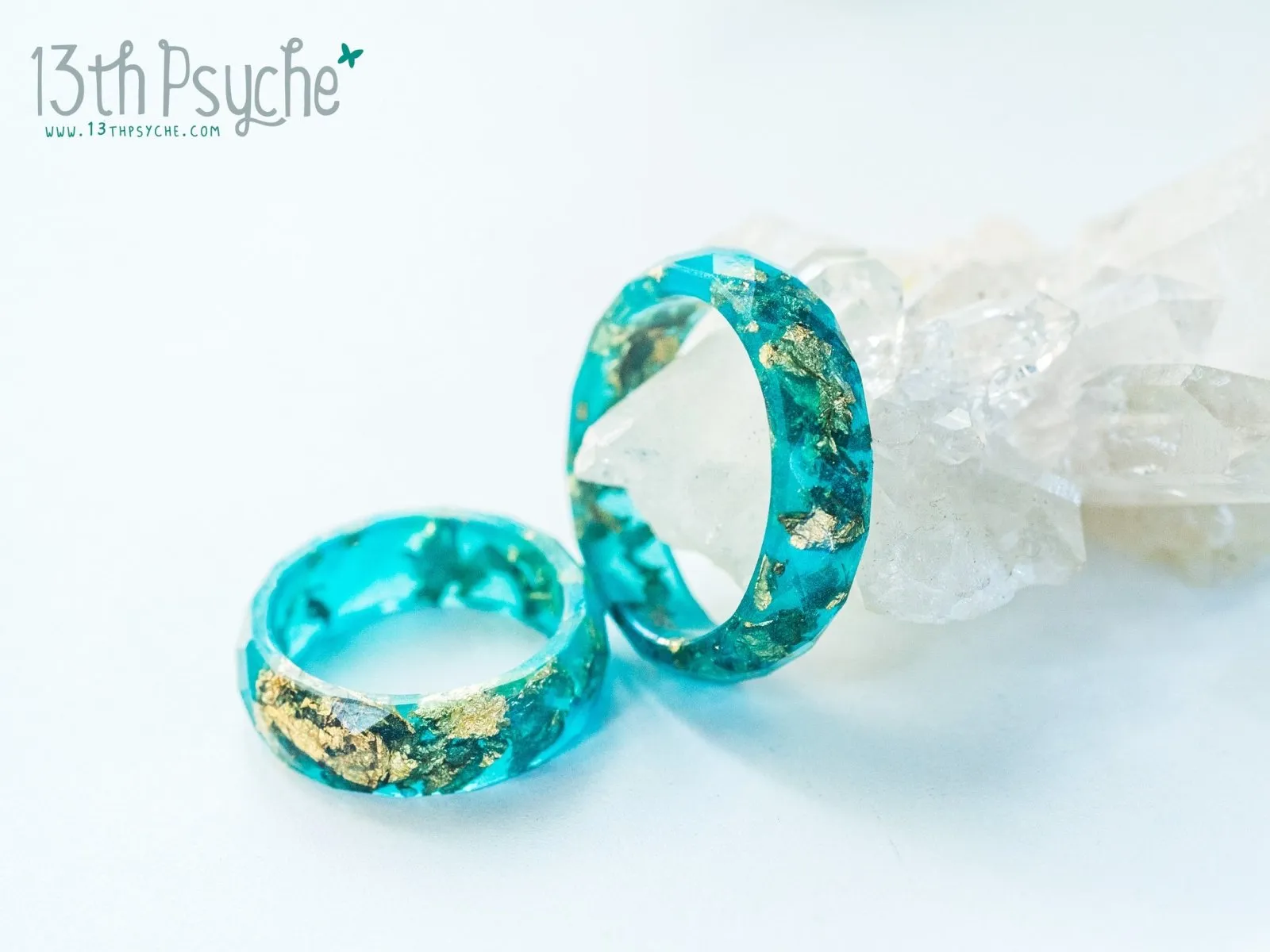 Turquoise and gold flakes faceted resin ring