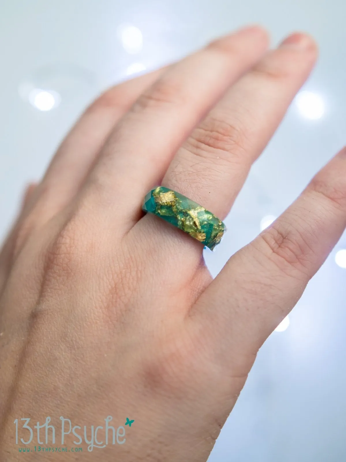 Turquoise and gold flakes faceted resin ring