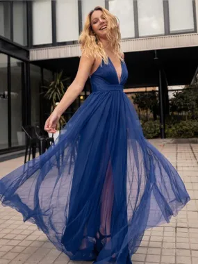 V-neck Tulle A-line Open Back Floor Length Long Prom Dresses Evening Dresses.DB10250