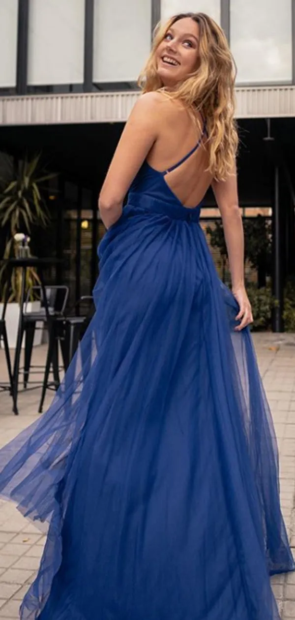 V-neck Tulle A-line Open Back Floor Length Long Prom Dresses Evening Dresses.DB10250