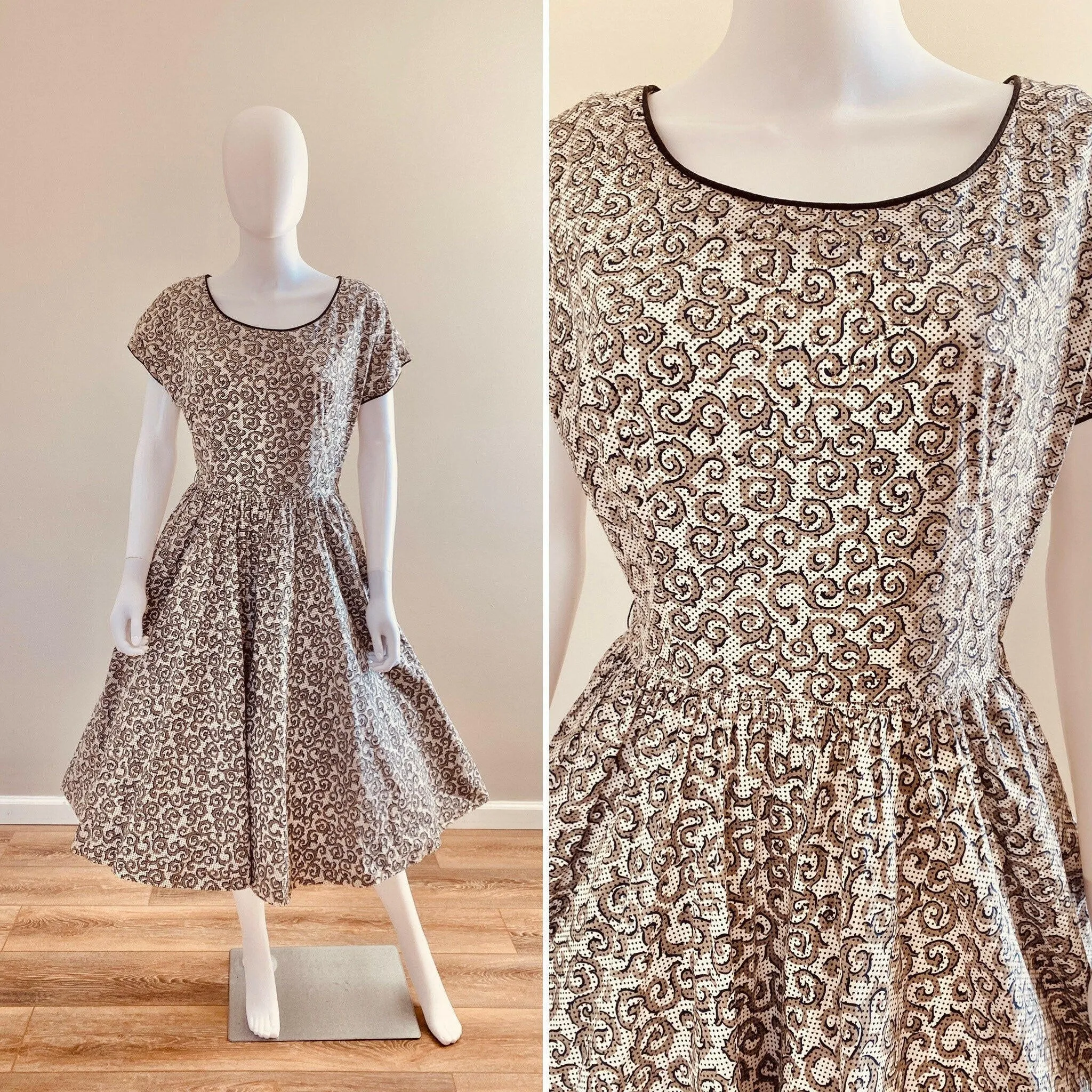 Vintage 1950s Black and White Cotton Day Dress with Rhinestones / 50s retro polka dot fit and flare casual dress with pockets / 