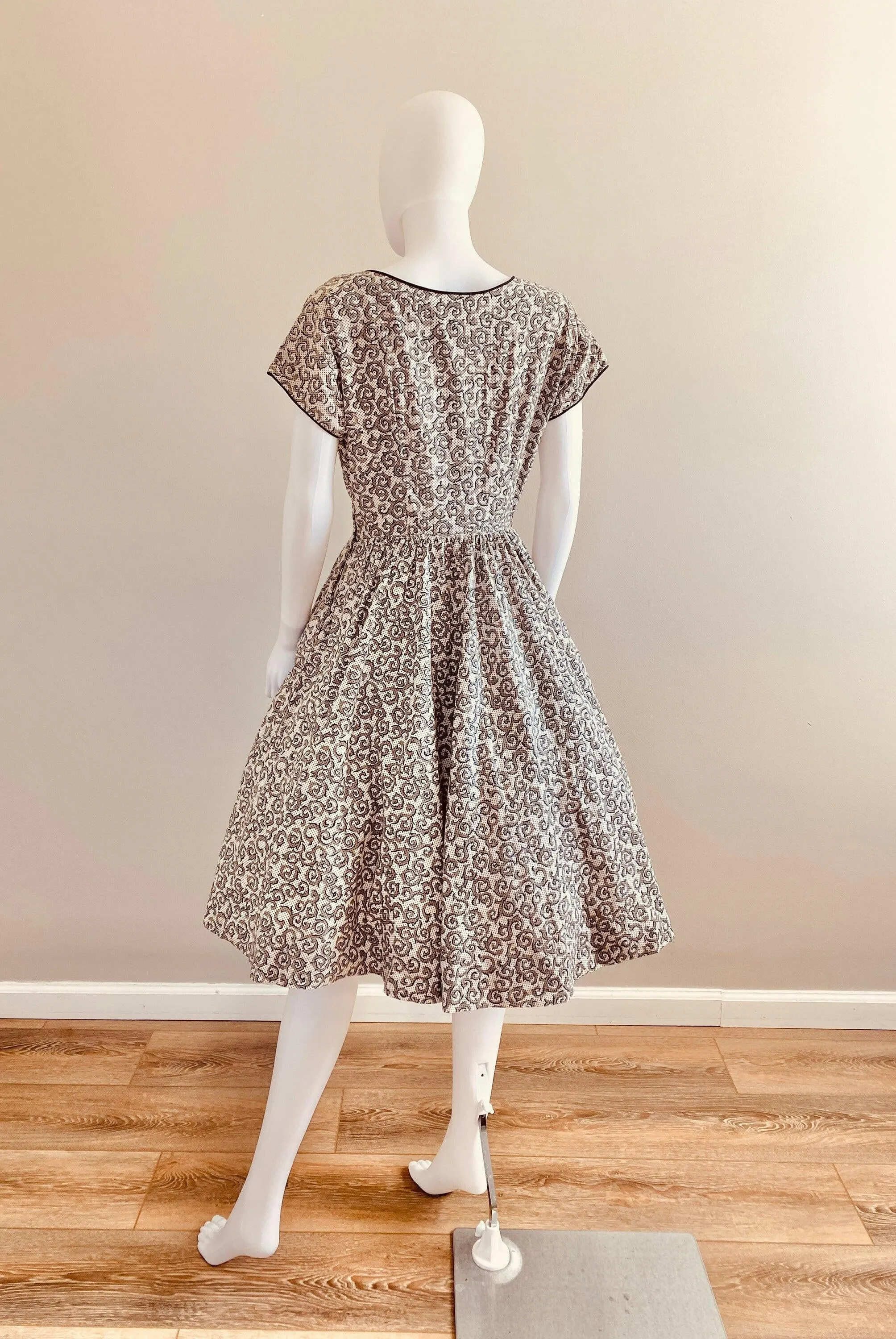 Vintage 1950s Black and White Cotton Day Dress with Rhinestones / 50s retro polka dot fit and flare casual dress with pockets / 