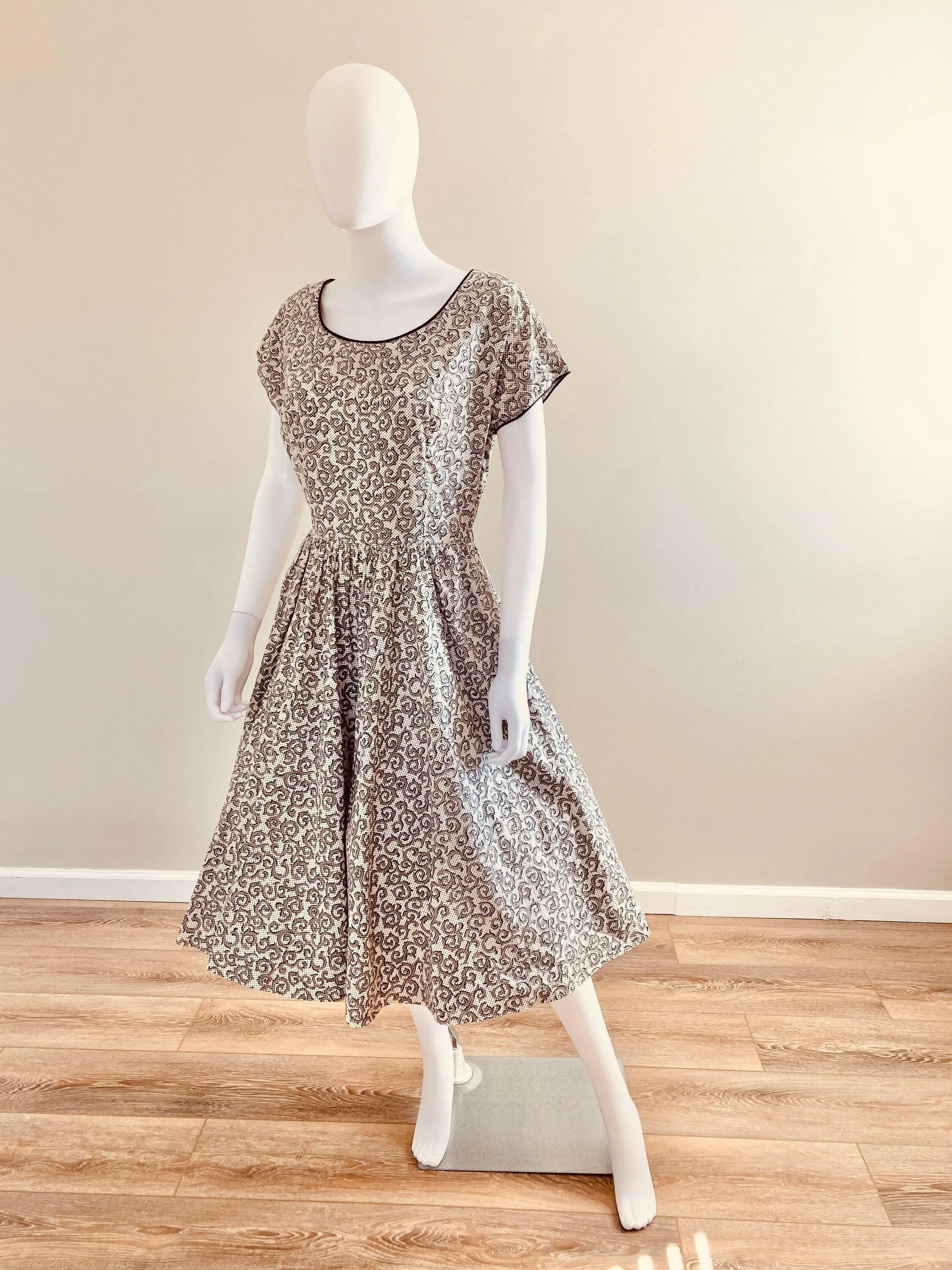 Vintage 1950s Black and White Cotton Day Dress with Rhinestones / 50s retro polka dot fit and flare casual dress with pockets / 