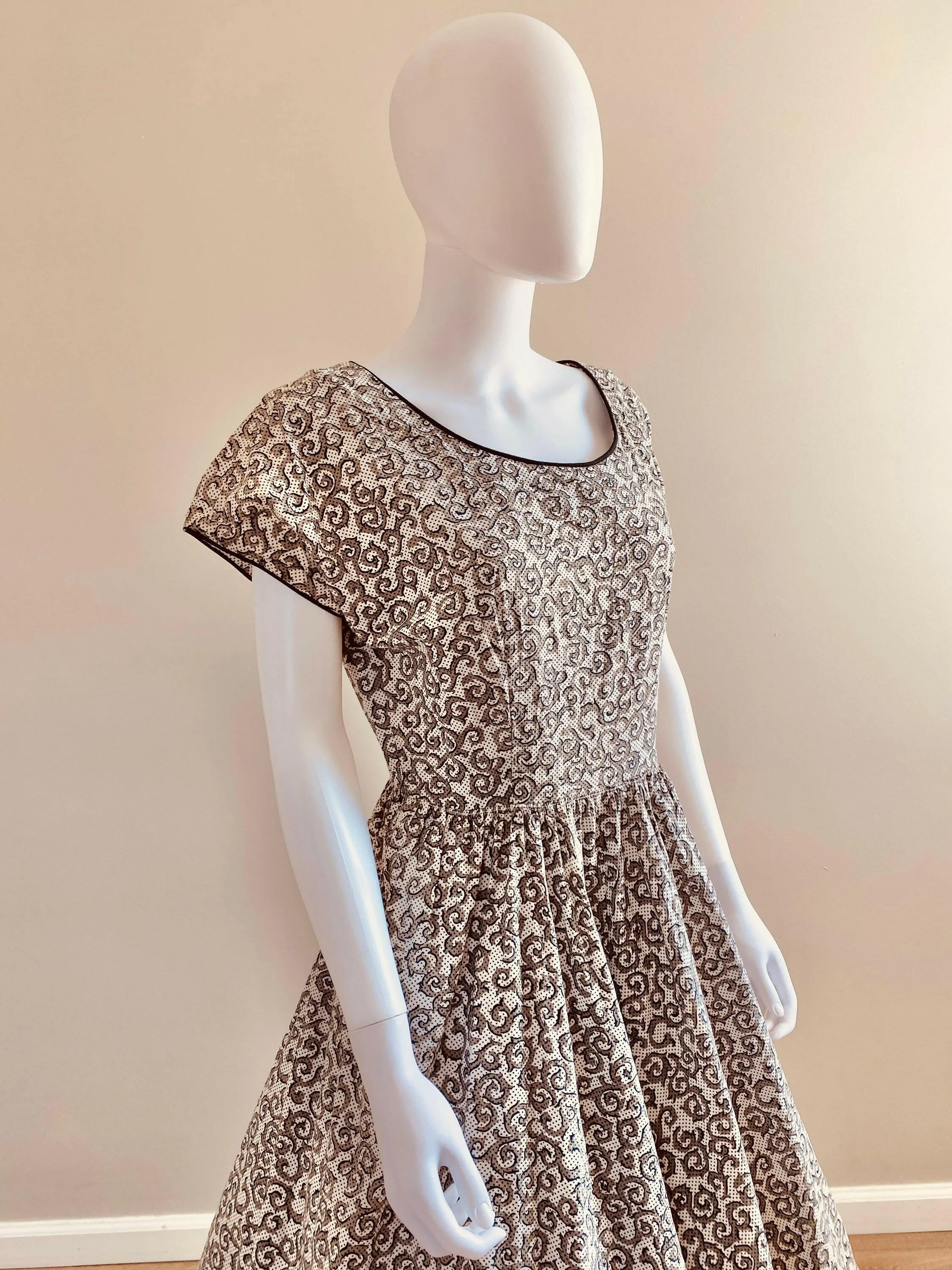 Vintage 1950s Black and White Cotton Day Dress with Rhinestones / 50s retro polka dot fit and flare casual dress with pockets / 