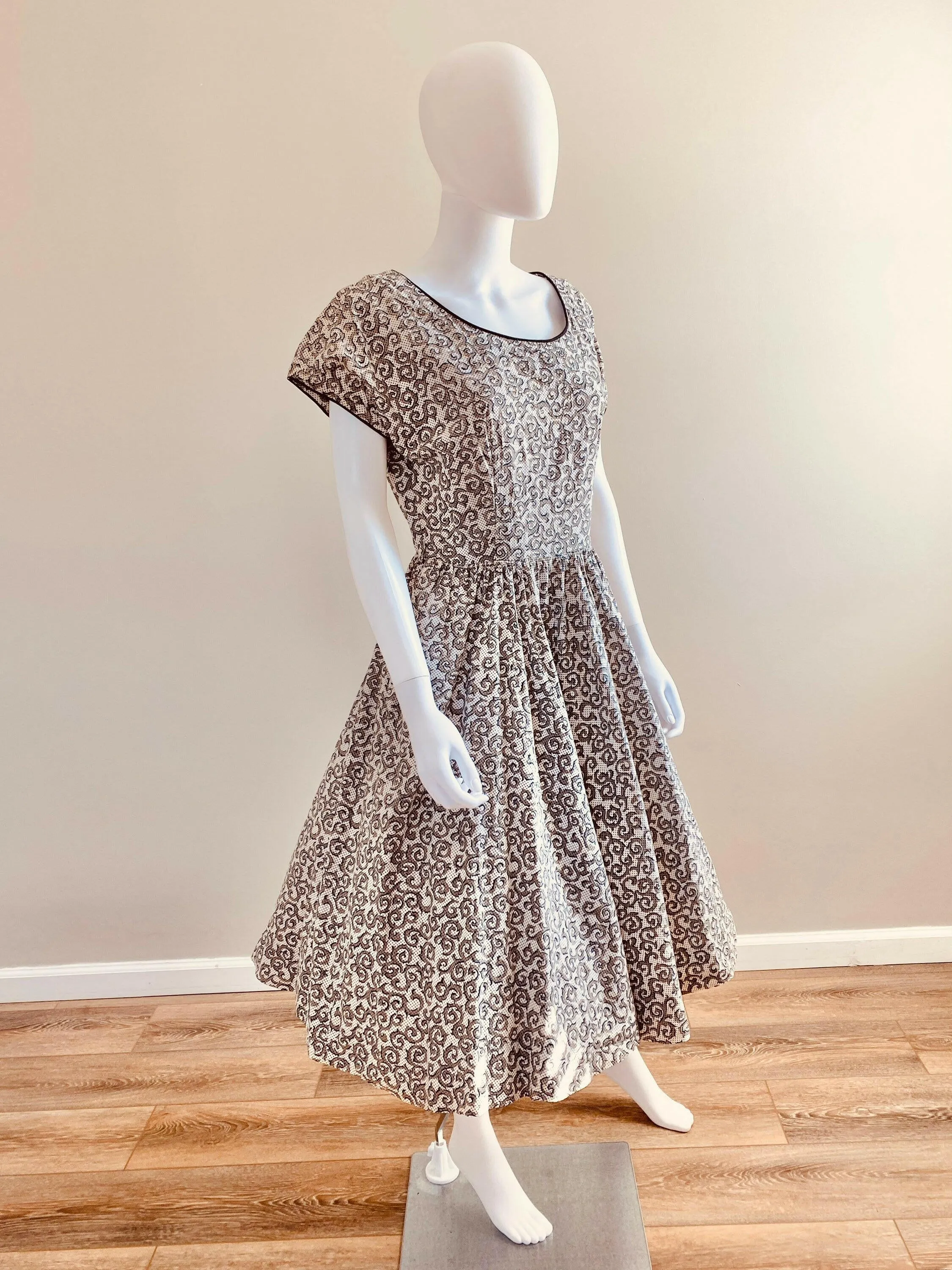 Vintage 1950s Black and White Cotton Day Dress with Rhinestones / 50s retro polka dot fit and flare casual dress with pockets / 